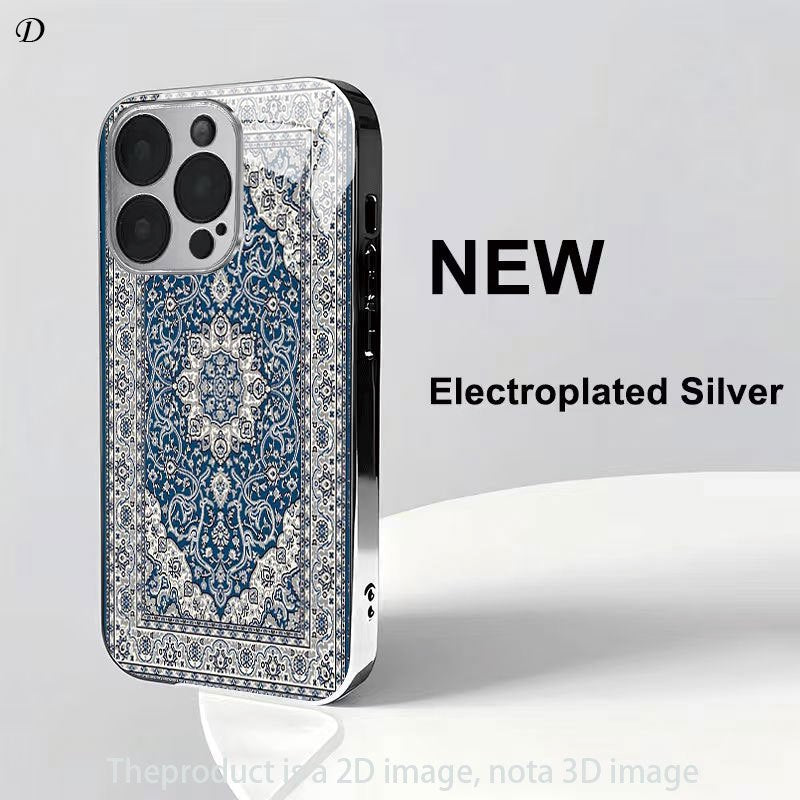 Luxury Blue Persian Carpet 2D Printed Electroplated Silver Glass Back Phone Case
