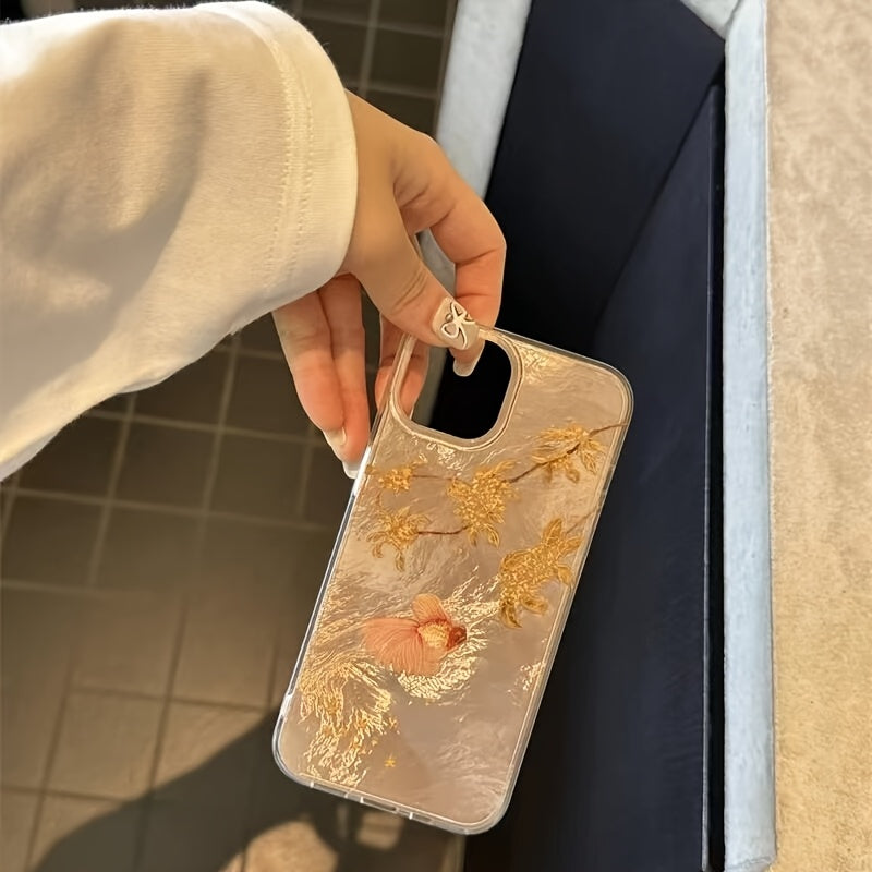 Golden Koi Garden Clear Phone Case | Goldfish, Botanical Branch & Golden Floral Transparent Aesthetic Cover