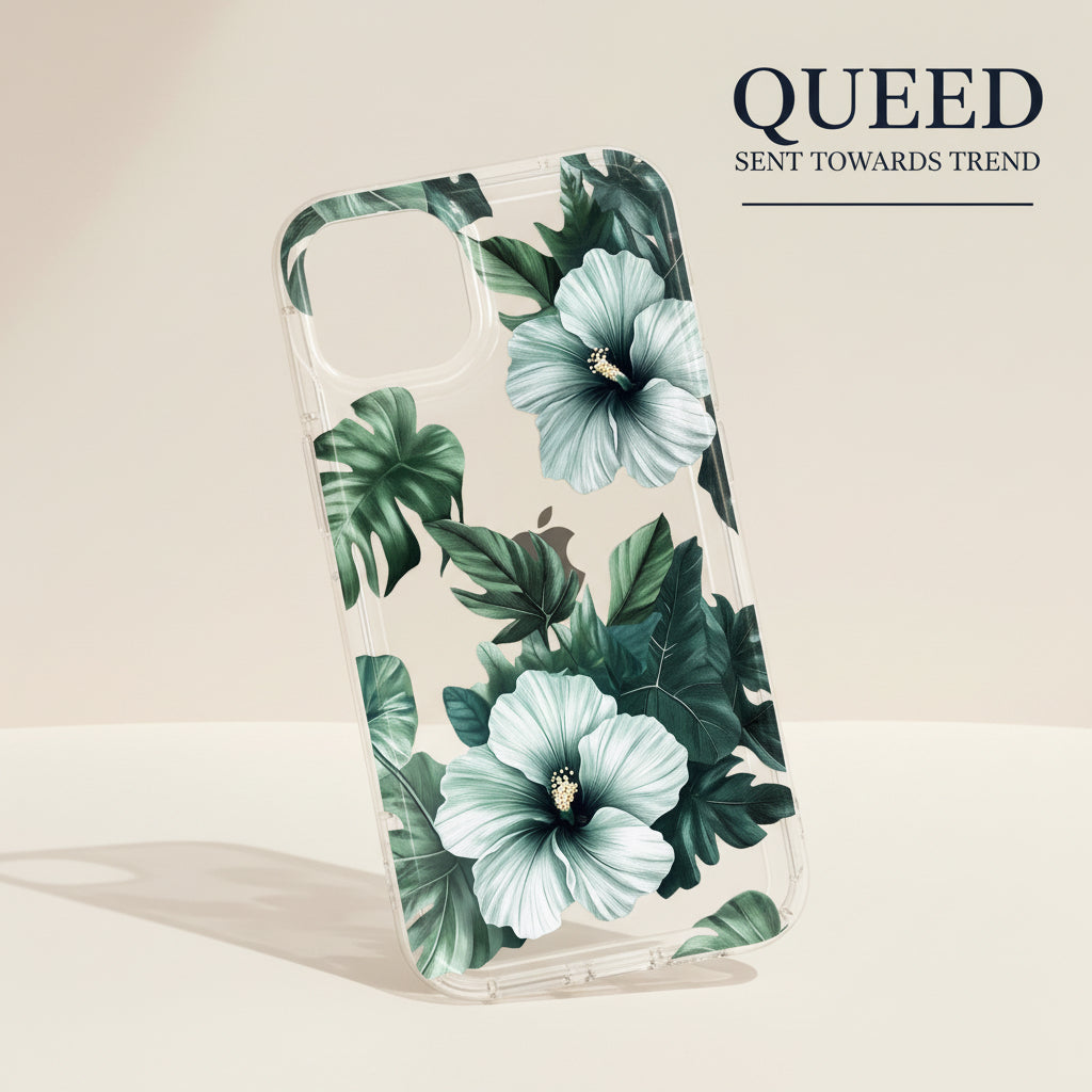 Emerald Hibiscus Botanical Clear Phone Case | Green Tropical Floral Transparent Cover with White Flowers & Leaf Design
