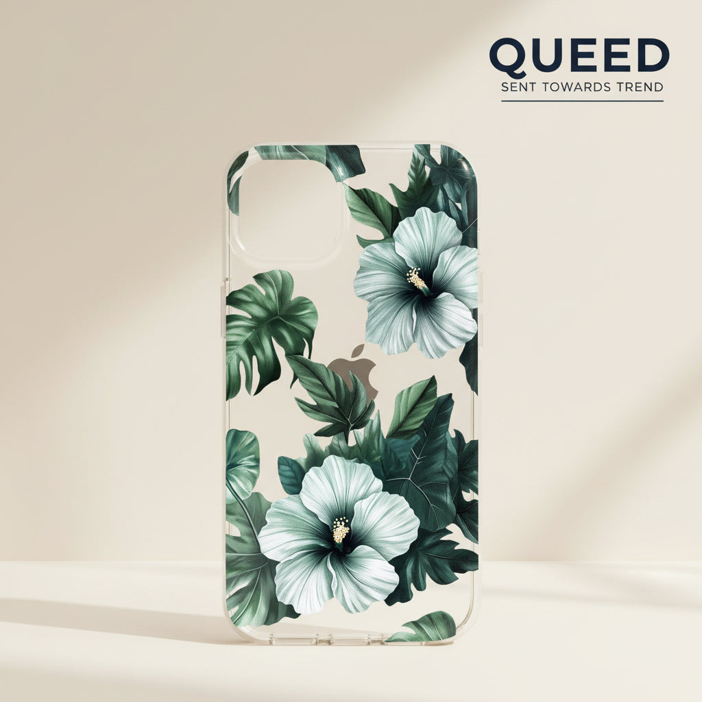 Emerald Hibiscus Botanical Clear Phone Case | Green Tropical Floral Transparent Cover with White Flowers & Leaf Design