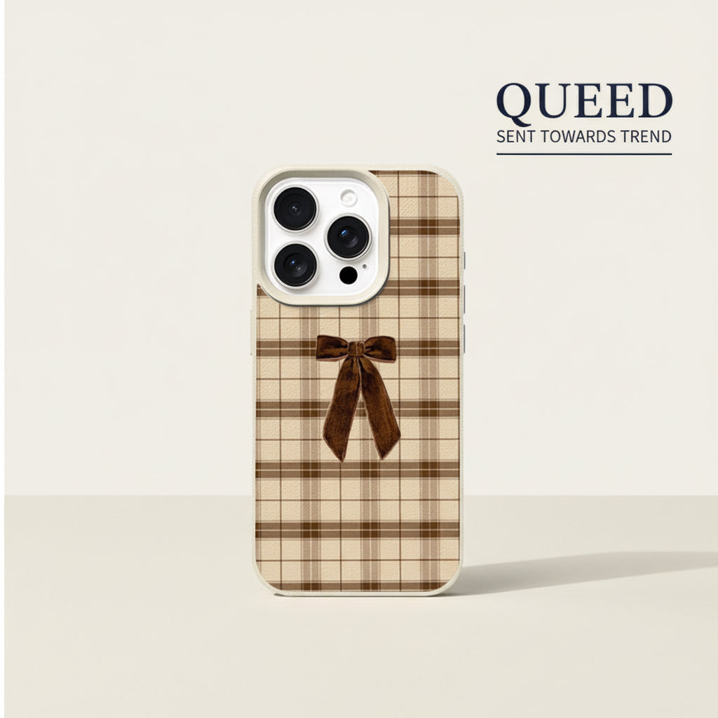Mocha Plaid Bow Phone Case | Beige & Brown Checkered Coquette Ribbon Aesthetic Cover