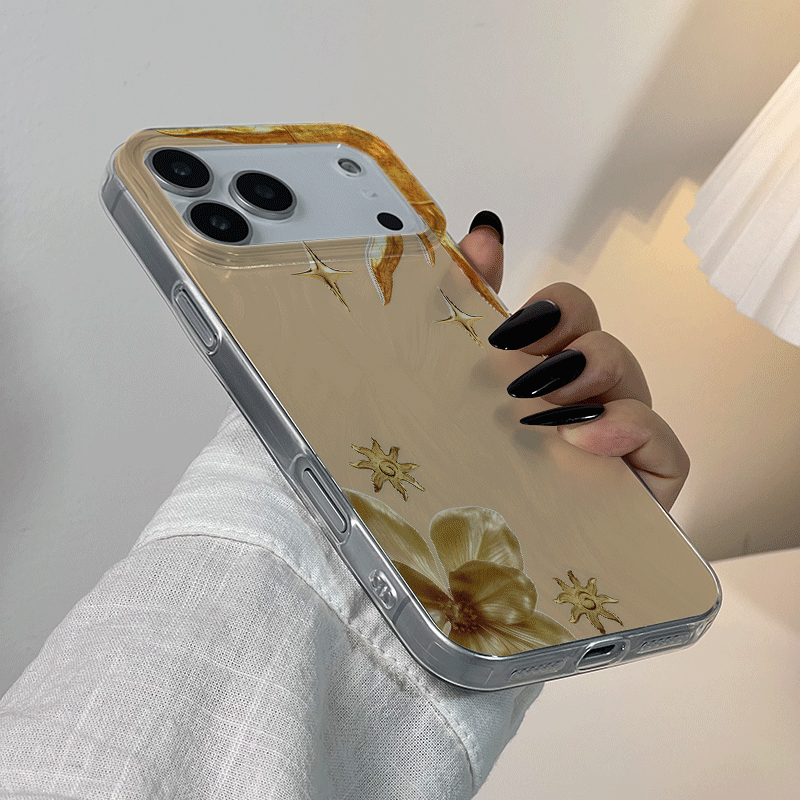Golden Sunflower Celestial Clear Phone Case | Vintage Sun, Floral & Star Transparent Aesthetic Cover