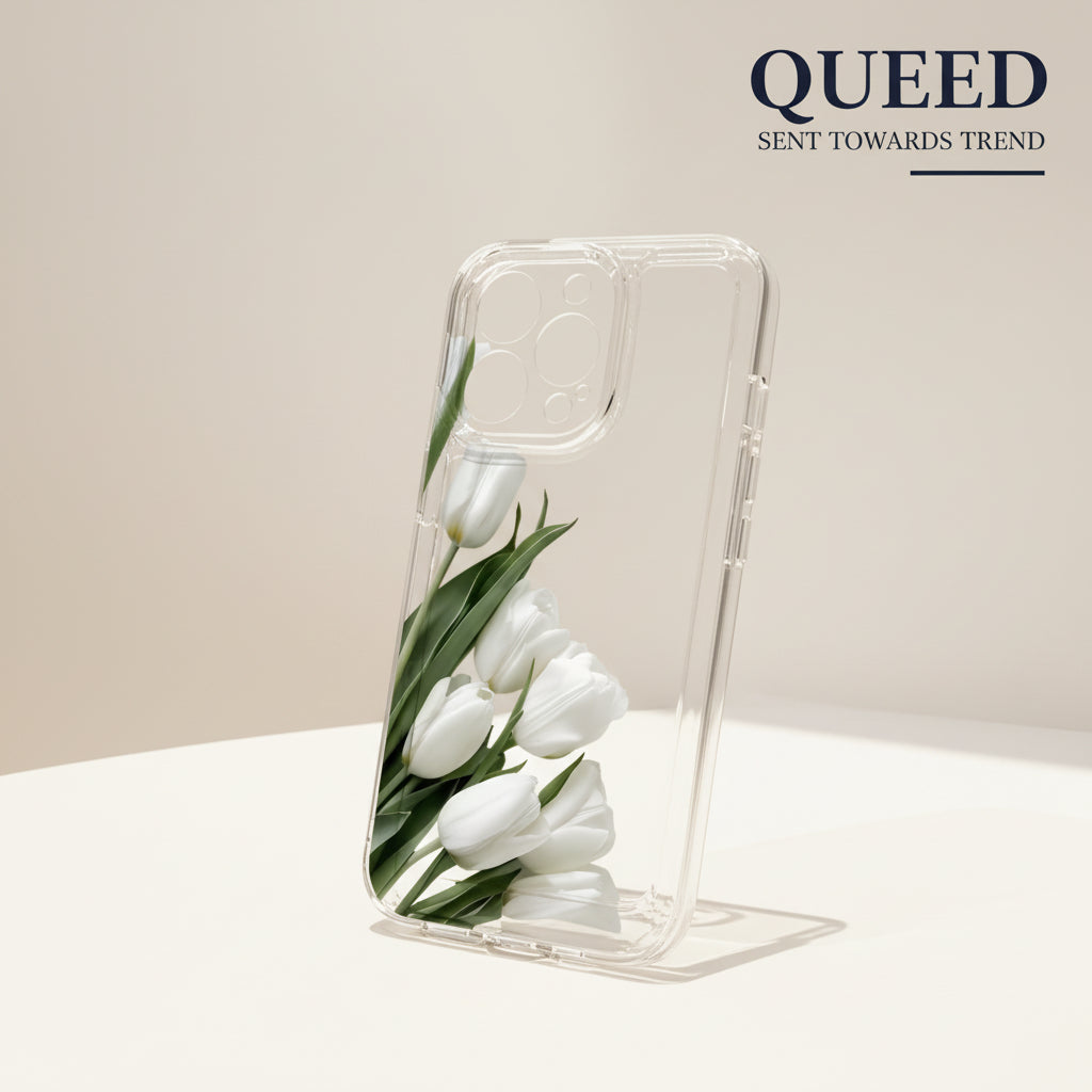 White Tulip Garden Clear Phone Case | Minimal Green Botanical Floral Transparent Aesthetic Cover