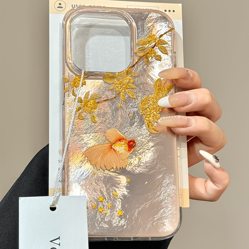 Golden Koi Garden Clear Phone Case | Goldfish, Botanical Branch & Golden Floral Transparent Aesthetic Cover