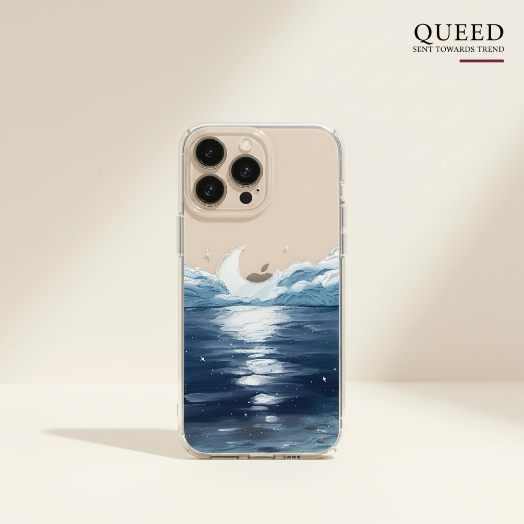 Moonlit Ocean Waves Clear Phone Case – Blue Sea Crescent Moon Dreamy Celestial Cover