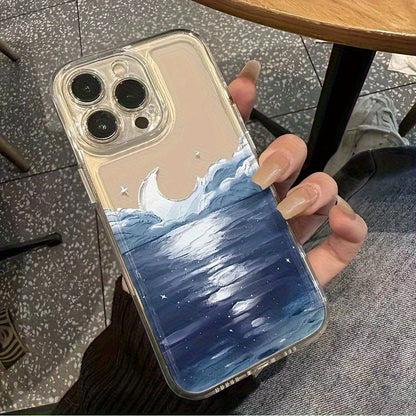 Moonlit Ocean Waves Clear Phone Case – Blue Sea Crescent Moon Dreamy Celestial Cover