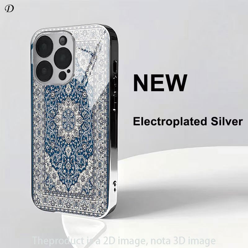 Luxury Blue Persian Carpet 2D Printed Electroplated Silver Glass Back Phone Case