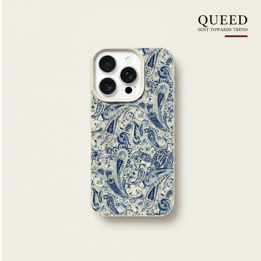 Indigo Heritage Paisley Phone Case – Ivory Blue Vintage Bandana Boho Aesthetic Protective Cover