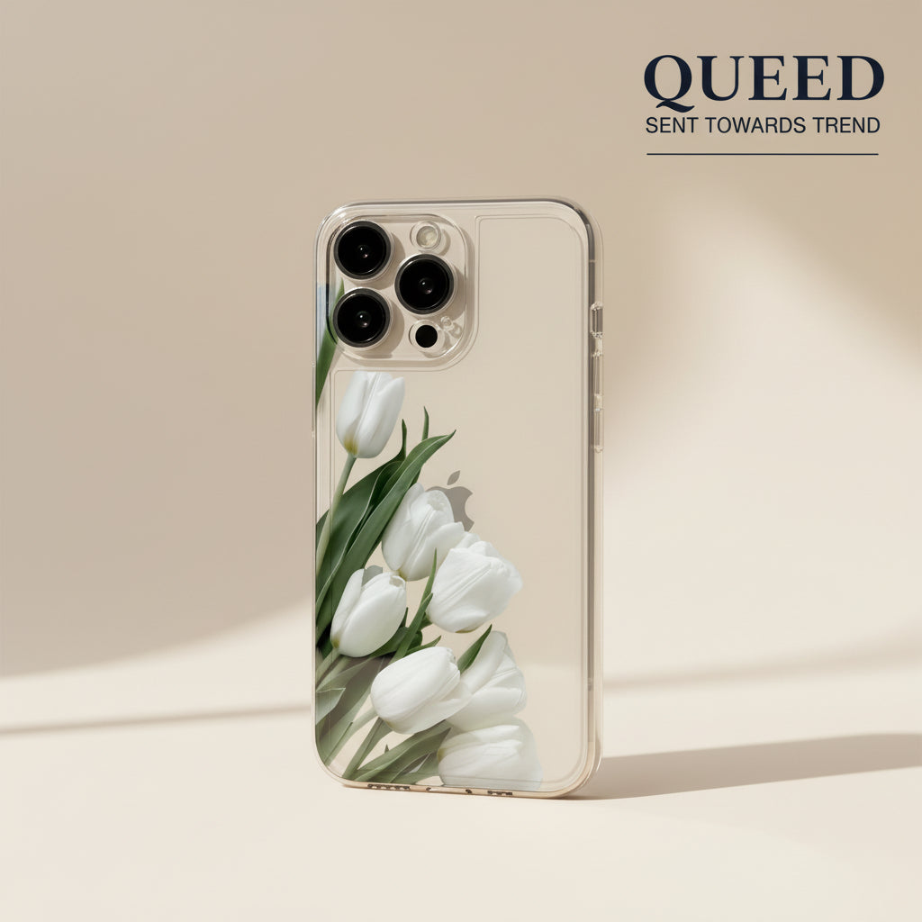 White Tulip Garden Clear Phone Case | Minimal Green Botanical Floral Transparent Aesthetic Cover