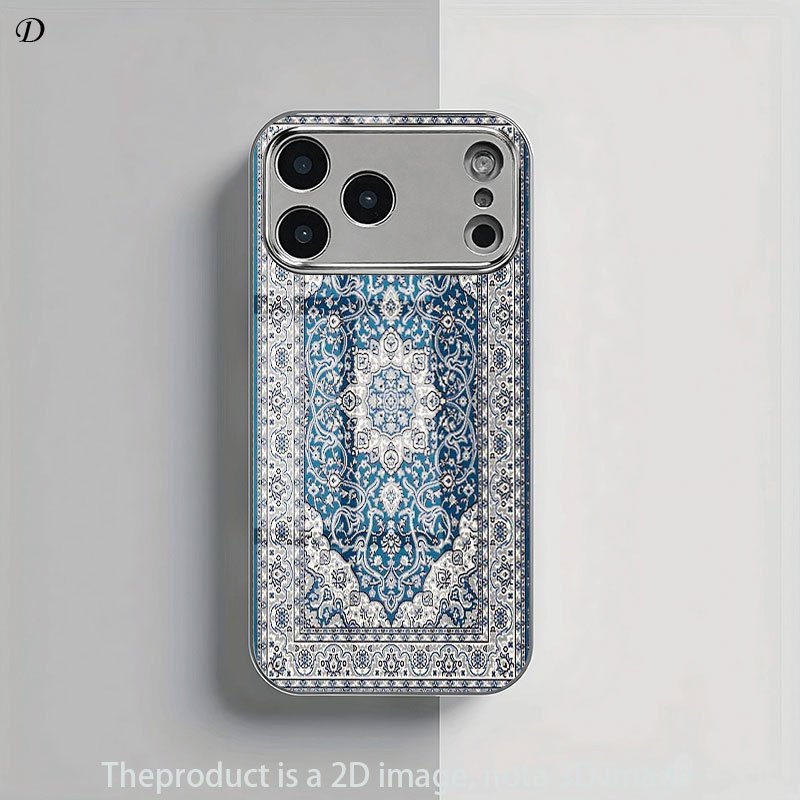 Luxury Blue Persian Carpet 2D Printed Electroplated Silver Glass Back Phone Case