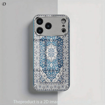 Luxury Blue Persian Carpet 2D Printed Electroplated Silver Glass Back Phone Case