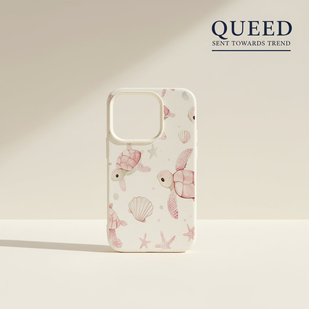 Cute Sea Turtle Phone Case | Pink Ocean Shell & Starfish Pattern Textured Smartphone Cover, product image 1, printed phone case design by QUEED