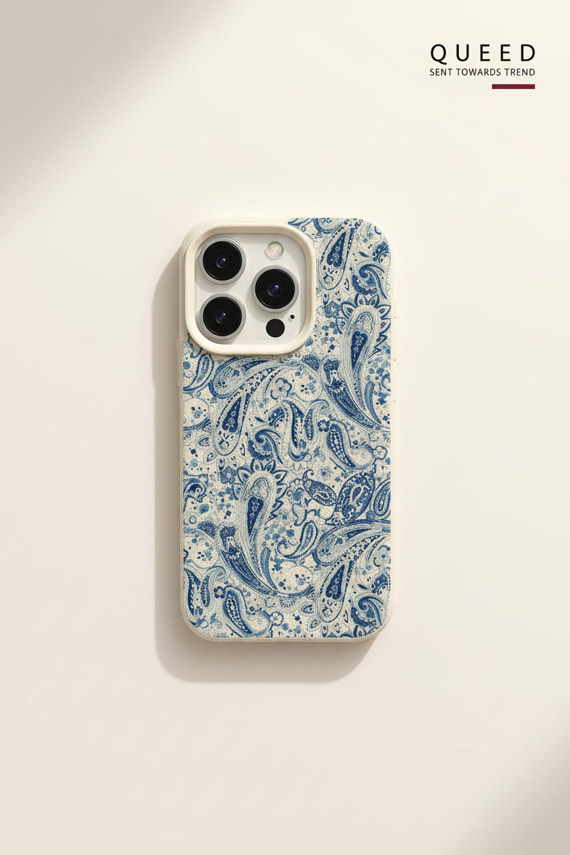 Indigo Heritage Paisley Phone Case – Ivory Blue Vintage Bandana Boho Aesthetic Protective Cover