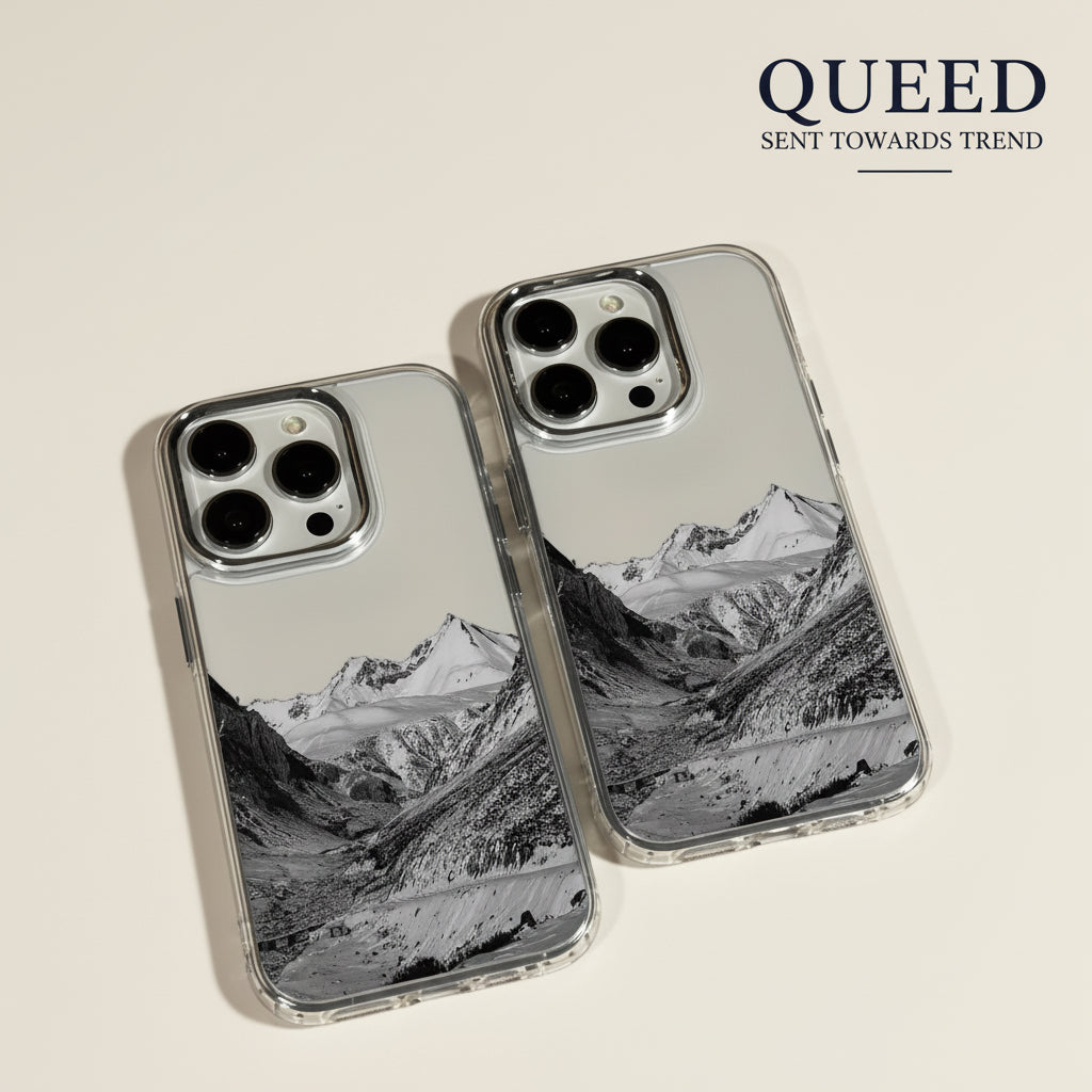 Monochrome Alpine Mountain Clear Phone Case | Black & White Snow Peak Landscape Transparent Aesthetic Cover