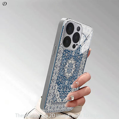 Luxury Blue Persian Carpet 2D Printed Electroplated Silver Glass Back Phone Case