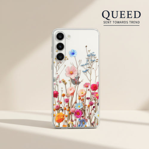 2D Floral Printed Transparent Phone Case | Colorful Flower Garden Aesthetic Clear Back Cover, product image 1, printed phone case design by QUEED