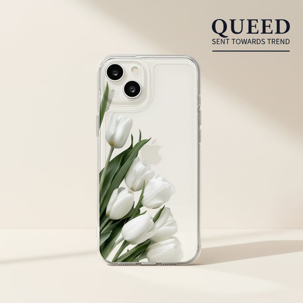 White Tulip Garden Clear Phone Case | Minimal Green Botanical Floral Transparent Aesthetic Cover