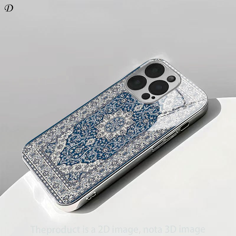 Luxury Blue Persian Carpet 2D Printed Electroplated Silver Glass Back Phone Case