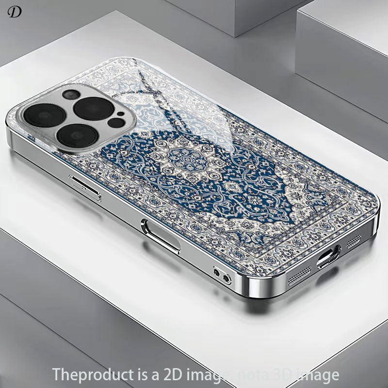 Luxury Blue Persian Carpet 2D Printed Electroplated Silver Glass Back Phone Case