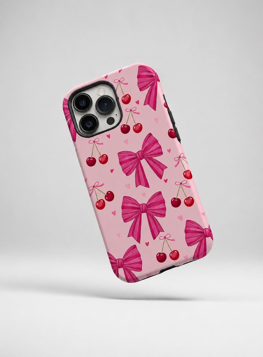 QUEED Cute Cherry Bow Phone Case for iPhone | Luxury Pink Aesthetic Shockproof Back Cover for Girls | Stylish Soft Matte Protective Mobile Case
