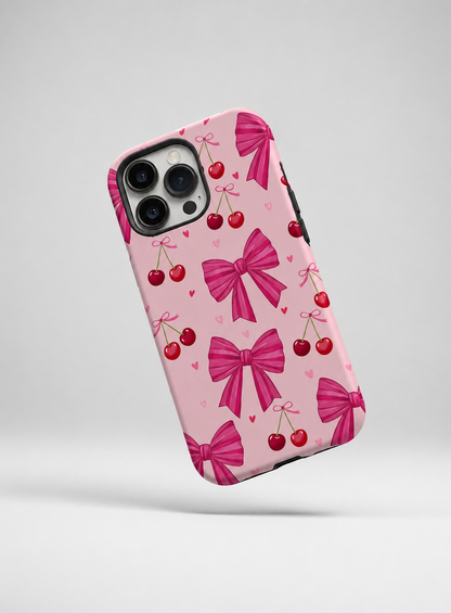 QUEED Cute Cherry Bow Phone Case for iPhone | Luxury Pink Aesthetic Shockproof Back Cover for Girls | Stylish Soft Matte Protective Mobile Case