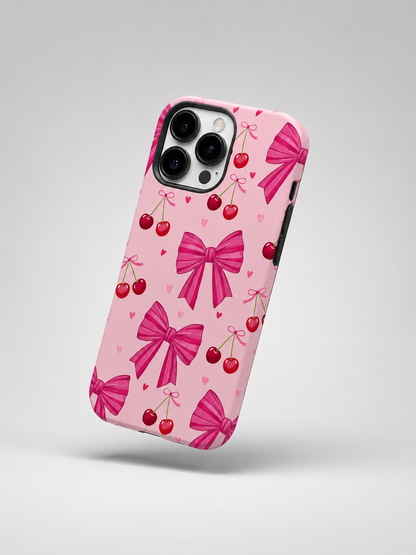 QUEED Cute Cherry Bow Phone Case for iPhone | Luxury Pink Aesthetic Shockproof Back Cover for Girls | Stylish Soft Matte Protective Mobile Case