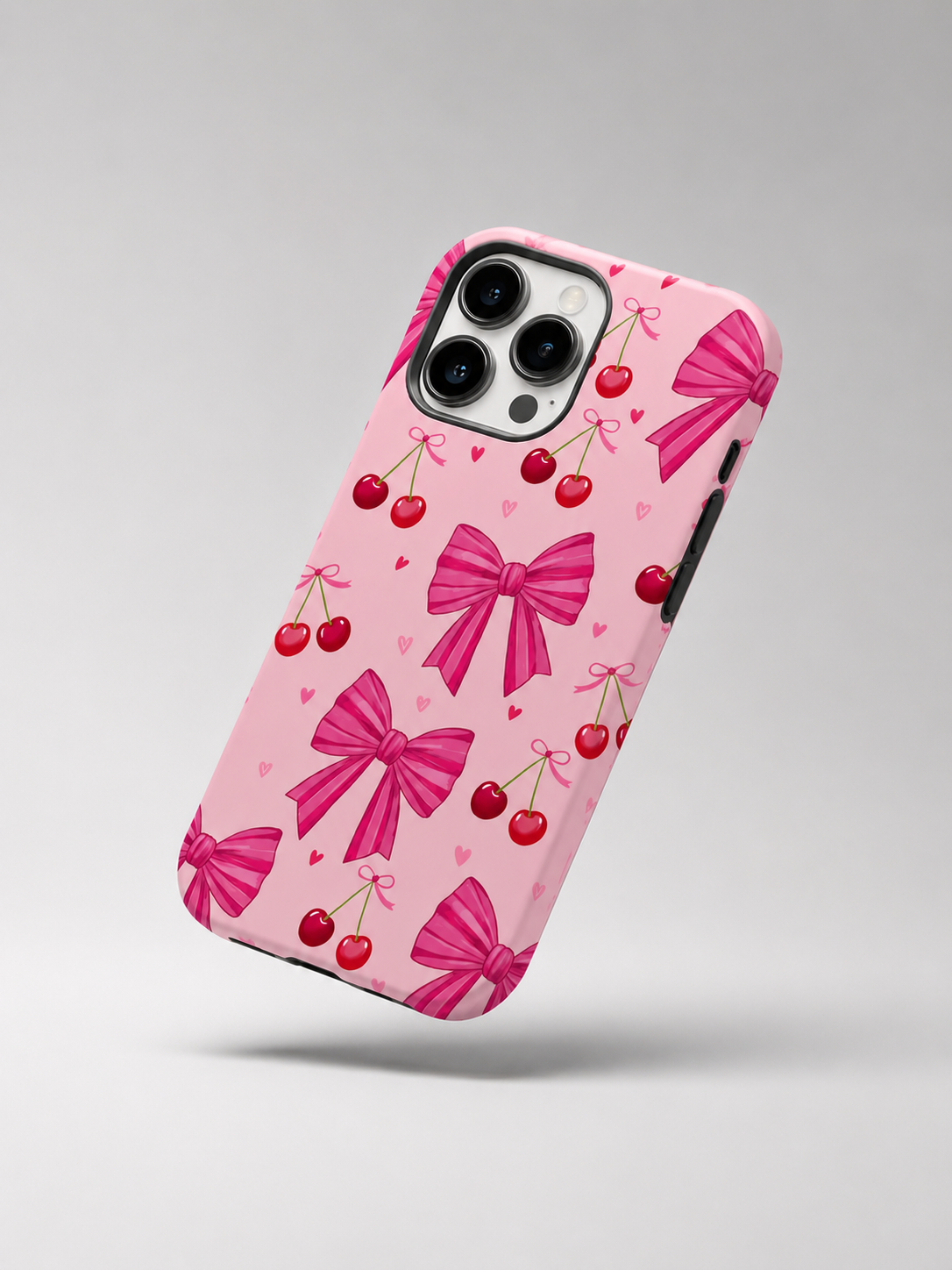 QUEED Cute Cherry Bow Phone Case for iPhone | Luxury Pink Aesthetic Shockproof Back Cover for Girls | Stylish Soft Matte Protective Mobile Case