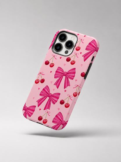 QUEED Cute Cherry Bow Phone Case for iPhone | Luxury Pink Aesthetic Shockproof Back Cover for Girls | Stylish Soft Matte Protective Mobile Case