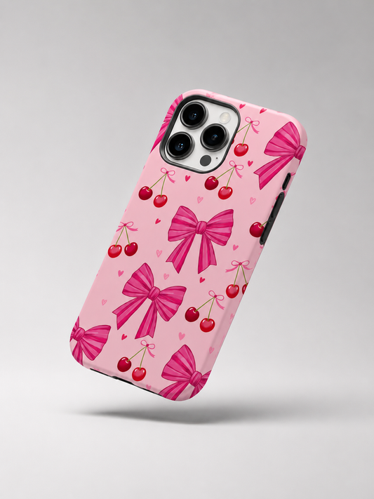 QUEED Cute Cherry Bow Phone Case for iPhone | Luxury Pink Aesthetic Shockproof Back Cover for Girls | Stylish Soft Matte Protective Mobile Case