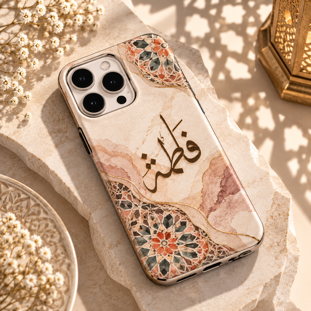 Personalised Arabic name phone case with custom Arabic calligraphy design by QUEED, available in Silicon TPU, Glass and Metal case options.