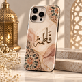 Personalised Arabic name phone case with custom Arabic calligraphy design by QUEED, available in Silicon TPU, Glass and Metal case options.