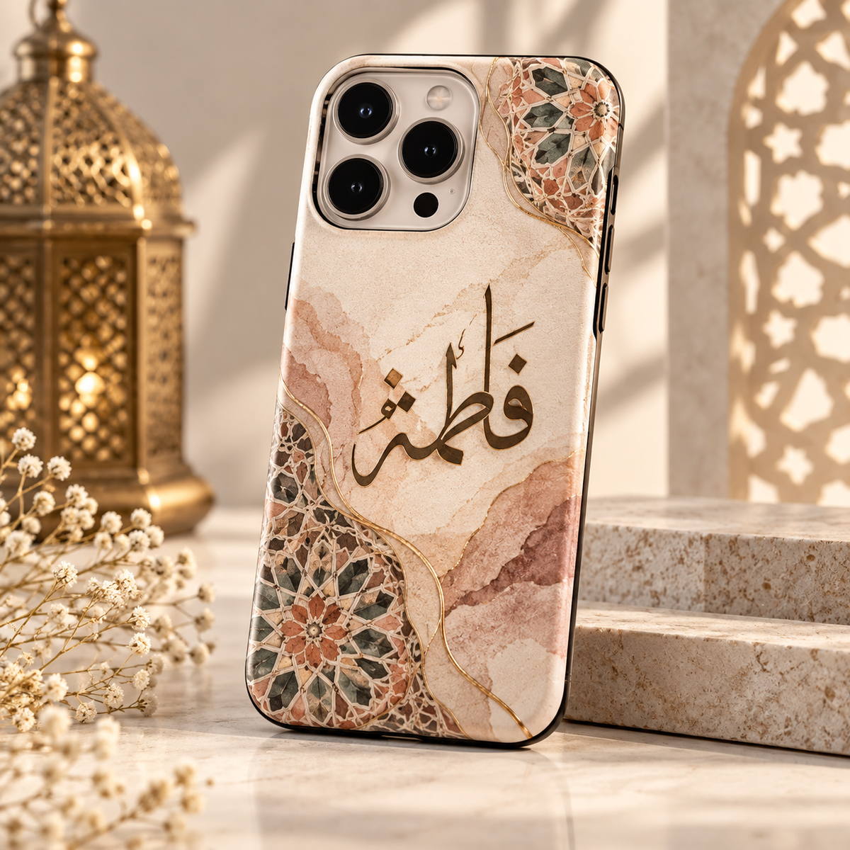 Personalised Arabic name phone case with custom Arabic calligraphy design by QUEED, available in Silicon TPU, Glass and Metal case options.