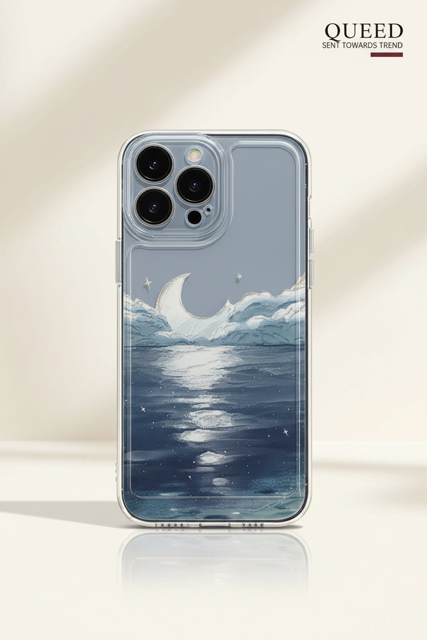 Moonlit Ocean Waves Clear Phone Case – Blue Sea Crescent Moon Dreamy Celestial Cover