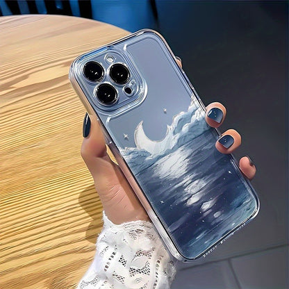 Moonlit Ocean Waves Clear Phone Case – Blue Sea Crescent Moon Dreamy Celestial Cover