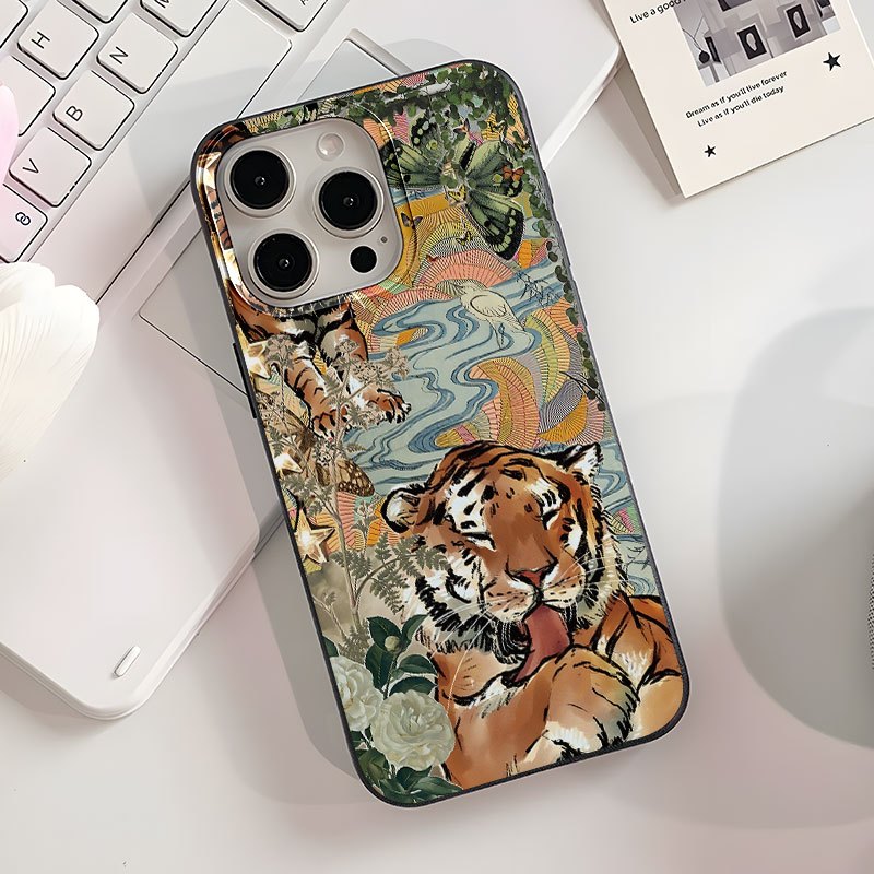 Premium Tiger Printed Silicone Glass Metal Phone Case Cover