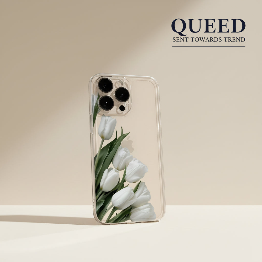 White Tulip Garden Clear Phone Case | Minimal Green Botanical Floral Transparent Aesthetic Cover