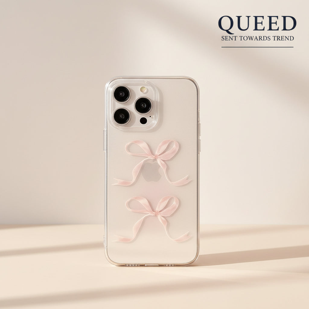 Blush Pink Double Bow Clear Phone Case | Minimal Coquette Ribbon Transparent Aesthetic Cover