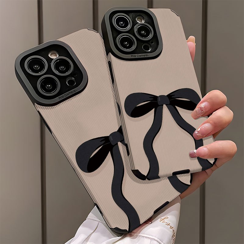 Coquette Black Bow Phone Case | Nude Beige & Black Ribbon Minimal Aesthetic Protective Cover