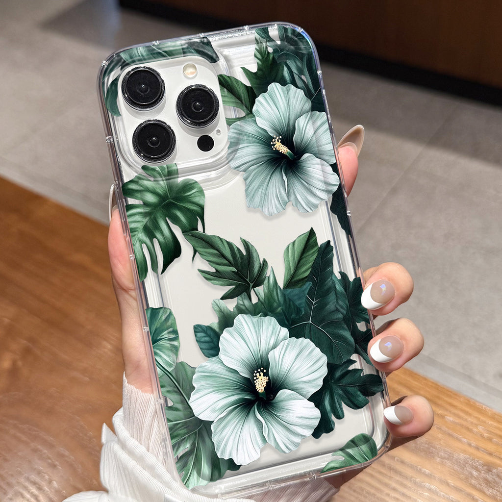 Emerald Hibiscus Botanical Clear Phone Case | Green Tropical Floral Transparent Cover with White Flowers & Leaf Design