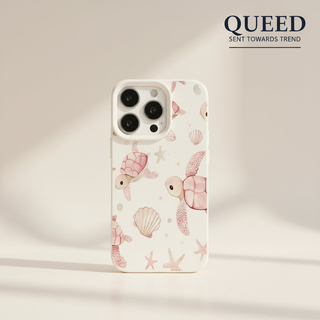 Cute Sea Turtle Phone Case | Pink Ocean Shell & Starfish Pattern Textured Smartphone Cover, product image 2, printed phone case design by QUEED