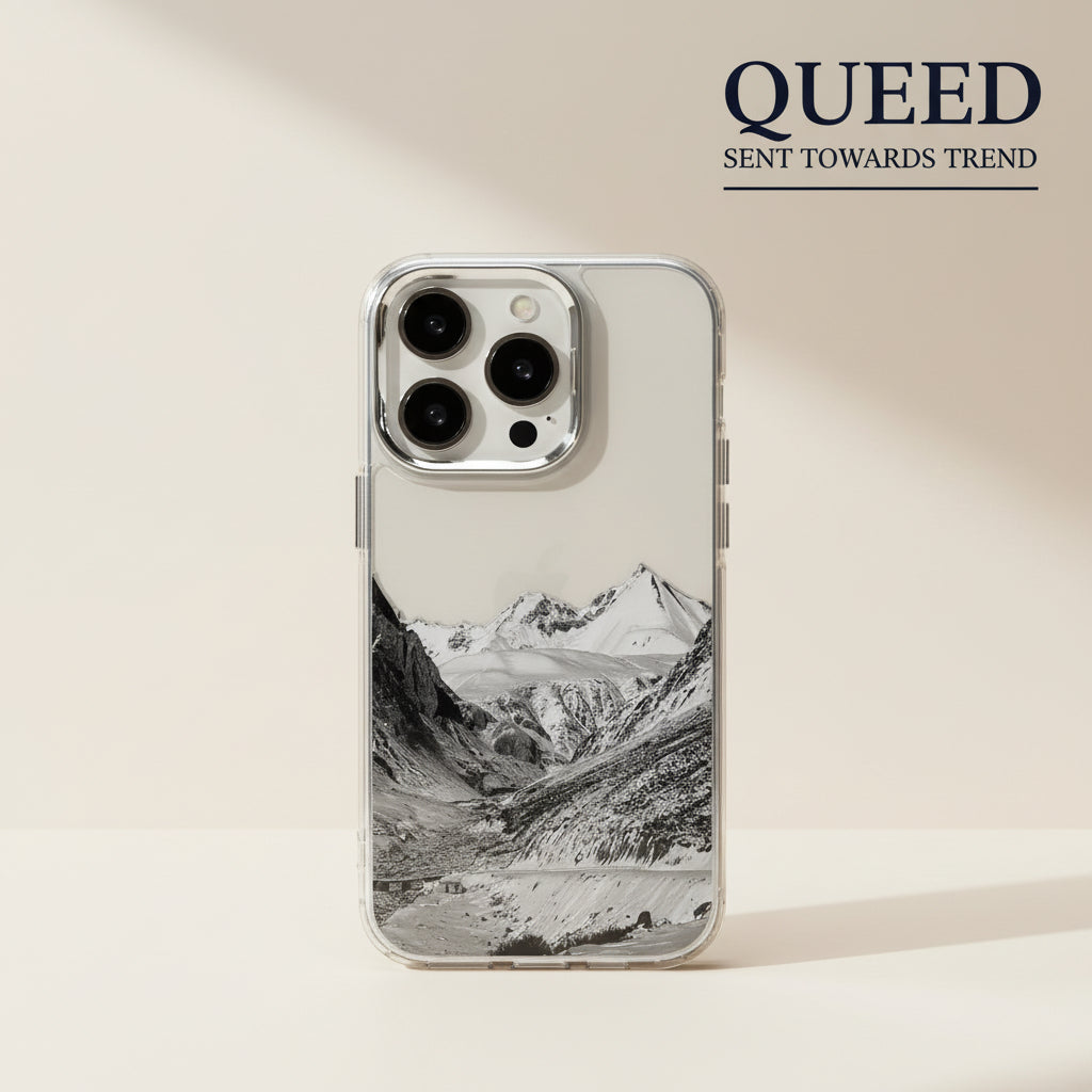 Monochrome Alpine Mountain Clear Phone Case | Black & White Snow Peak Landscape Transparent Aesthetic Cover