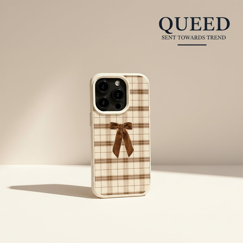 Mocha Plaid Bow Phone Case | Beige & Brown Checkered Coquette Ribbon Aesthetic Cover