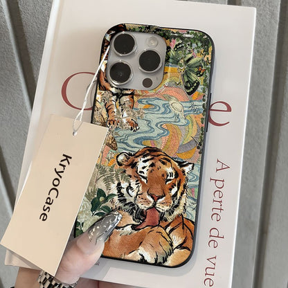 Premium Tiger Printed Silicone Glass Metal Phone Case Cover