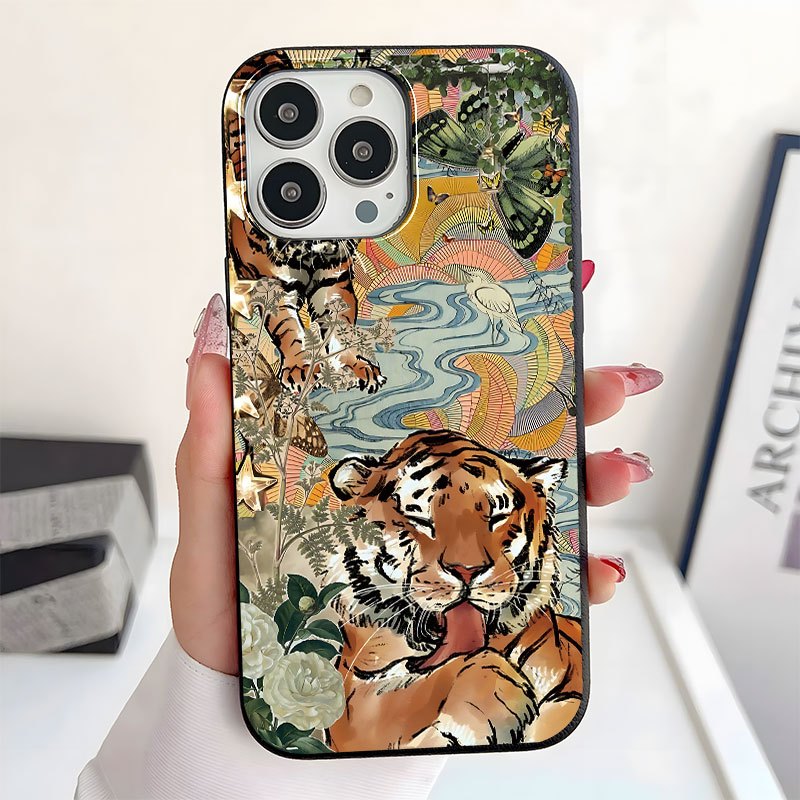 Premium Tiger Printed Silicone Glass Metal Phone Case Cover