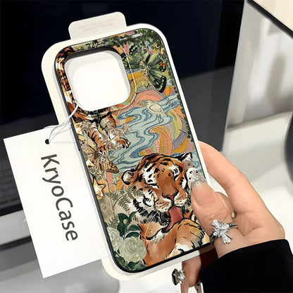 Premium Tiger Printed Silicone Glass Metal Phone Case Cover