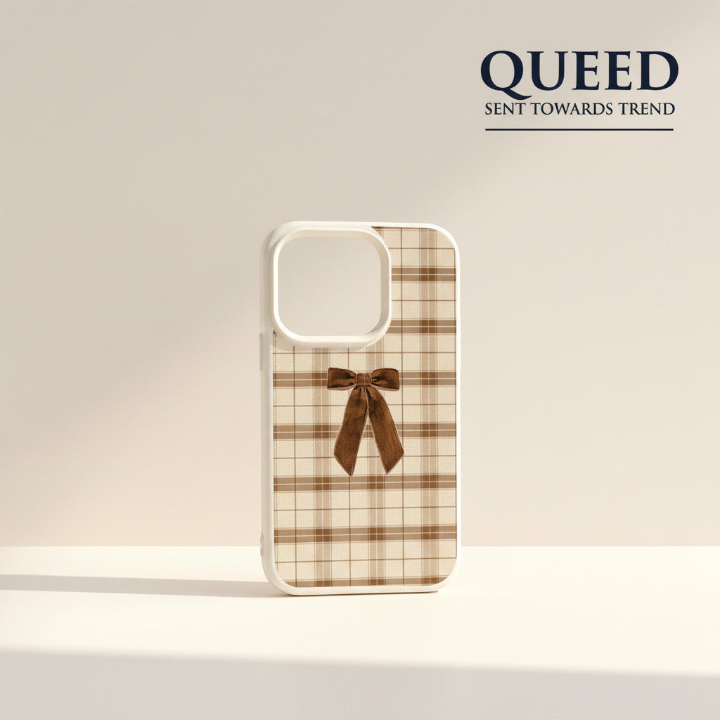 Mocha Plaid Bow Phone Case | Beige & Brown Checkered Coquette Ribbon Aesthetic Cover
