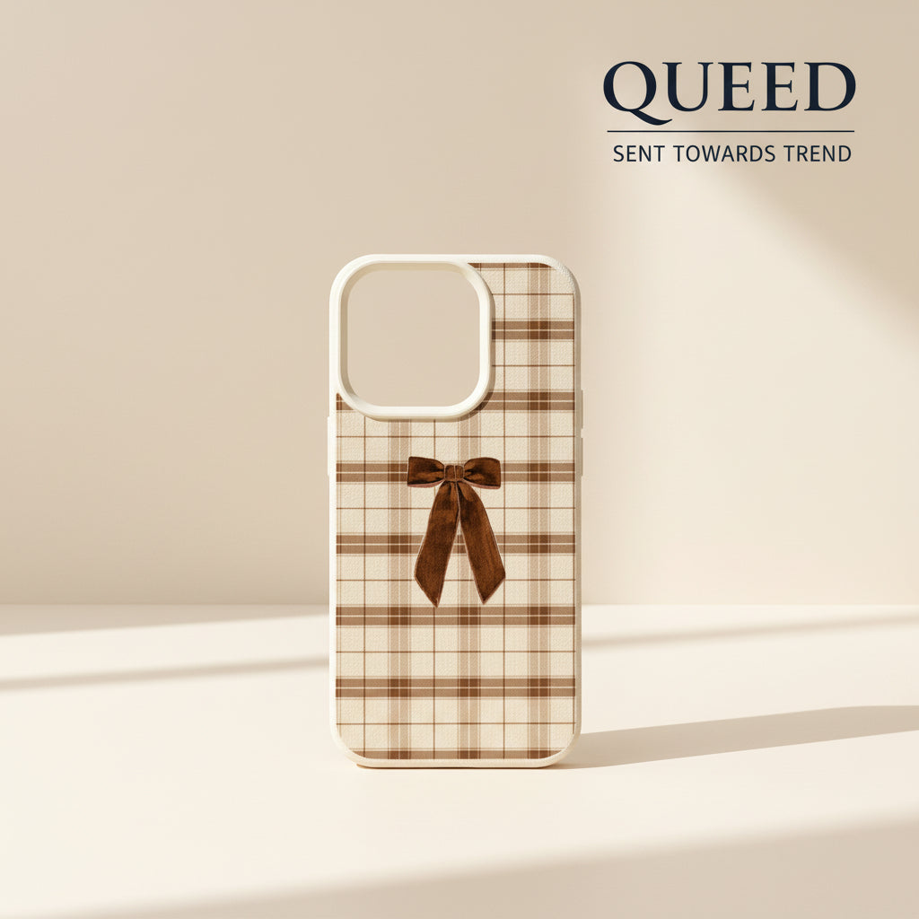 Mocha Plaid Bow Phone Case | Beige & Brown Checkered Coquette Ribbon Aesthetic Cover
